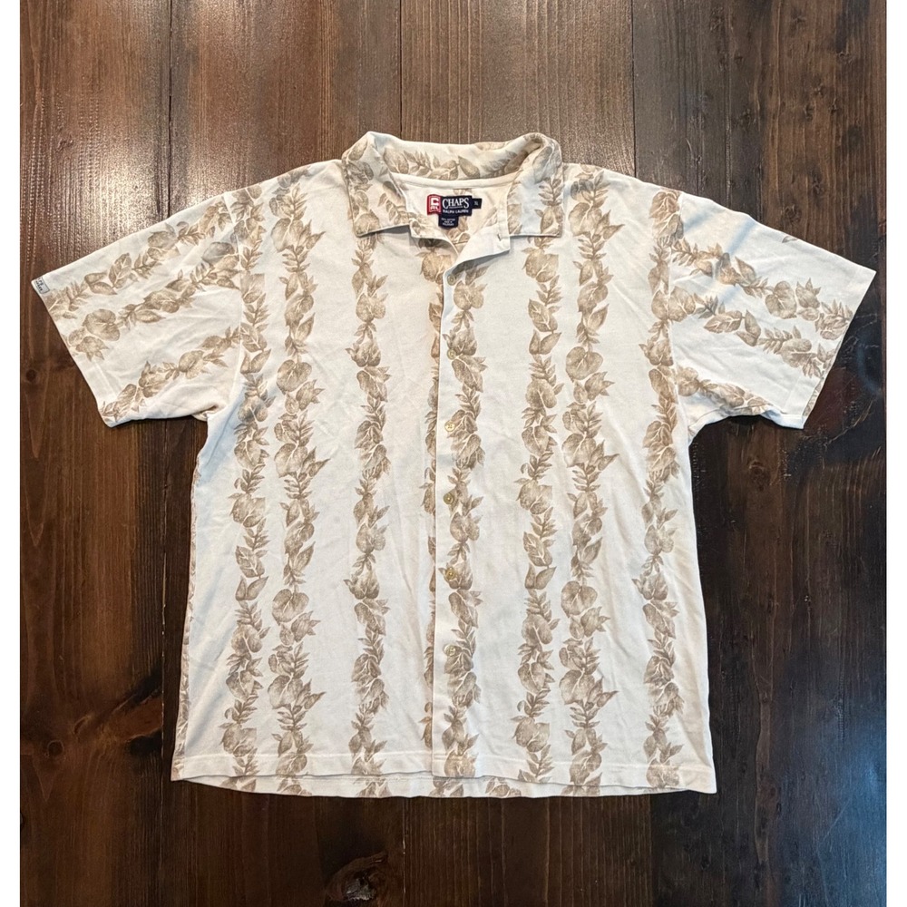 Chaps Ralph Lauren Mens XL Cream Tan Tropical Leaf Pique Button Down Shirt